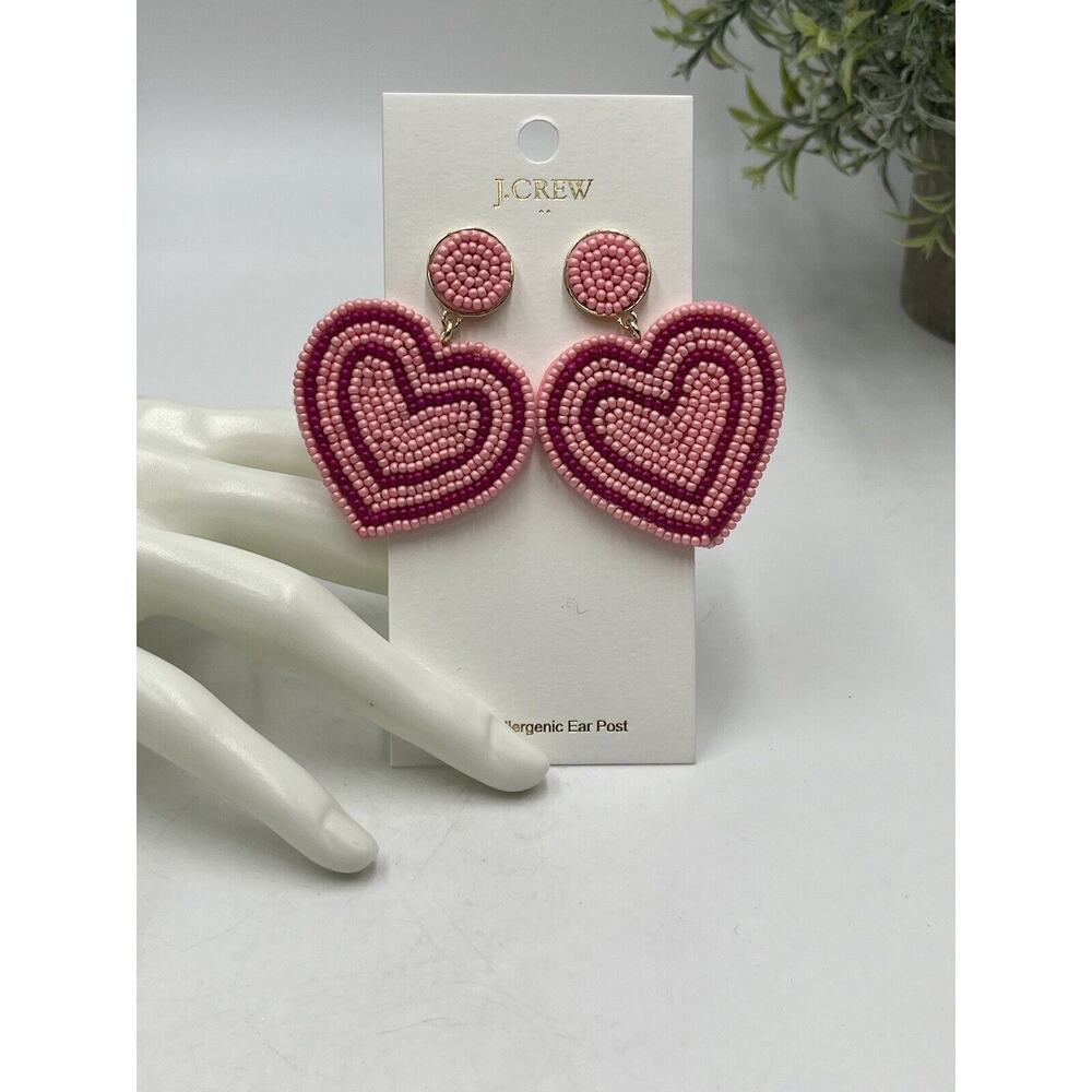 J. Crew‎ Himalayan Spice Pink Red Beaded Heart Statement Dangle Earrings New